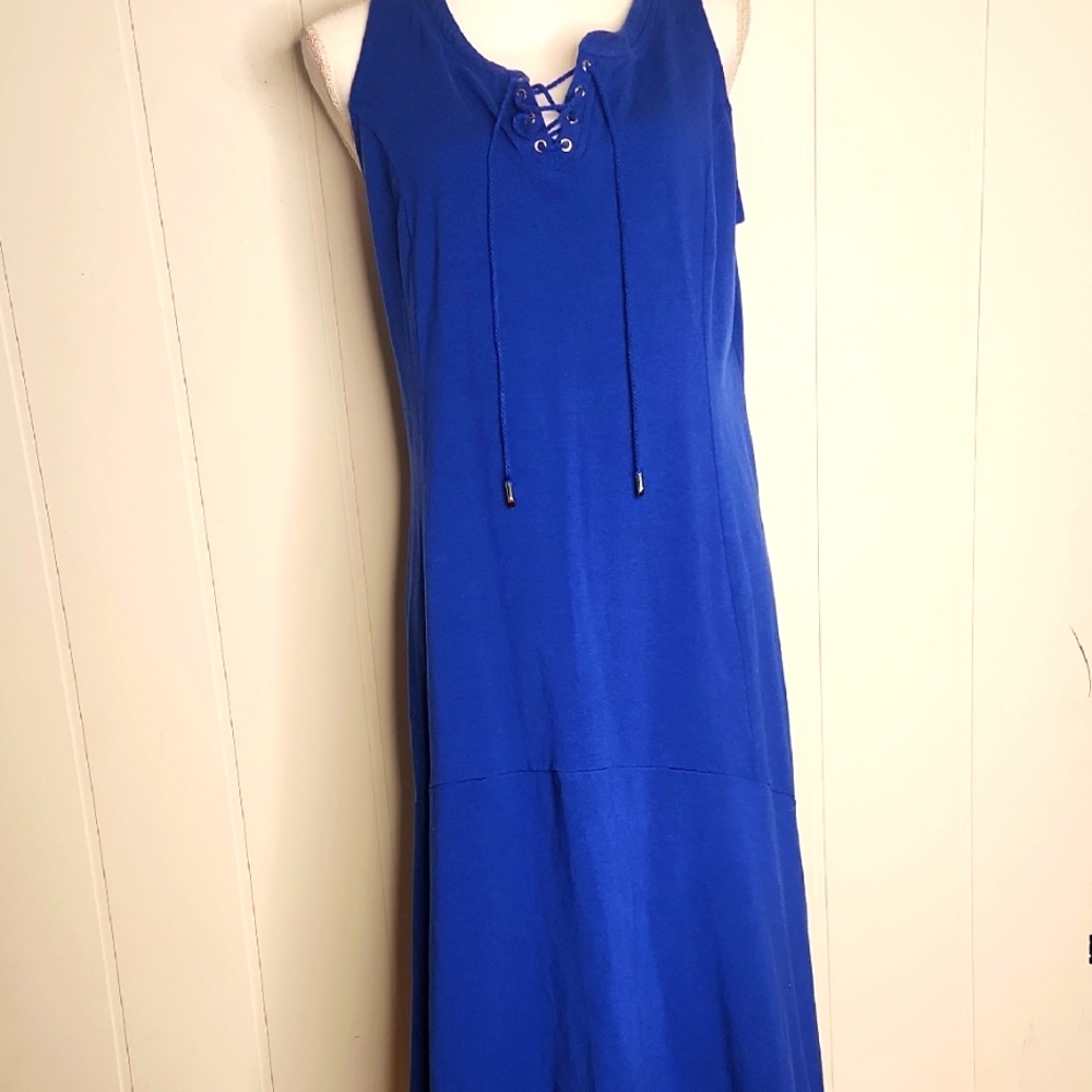 Issac Mizrahi Bright Blue Hankerchief Hem Jersey Knit Flowy Casual Dress